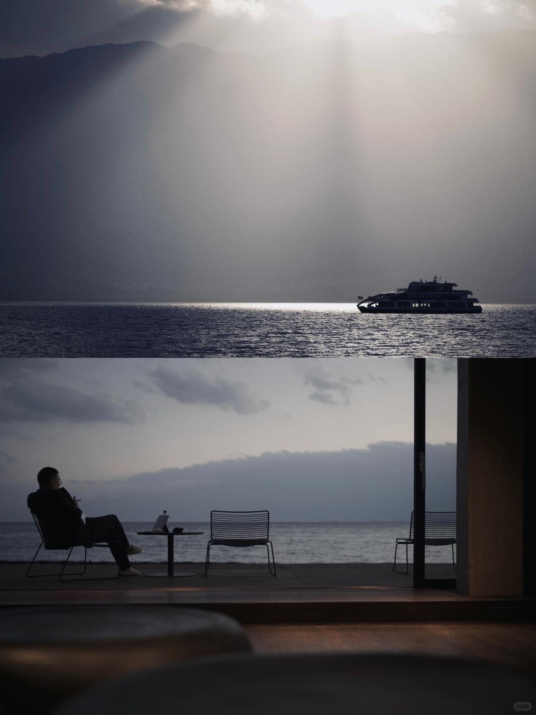 Guest seated on a lakeside terrace at dusk as sunbeams break over the water and a tour boat passes in the distance.