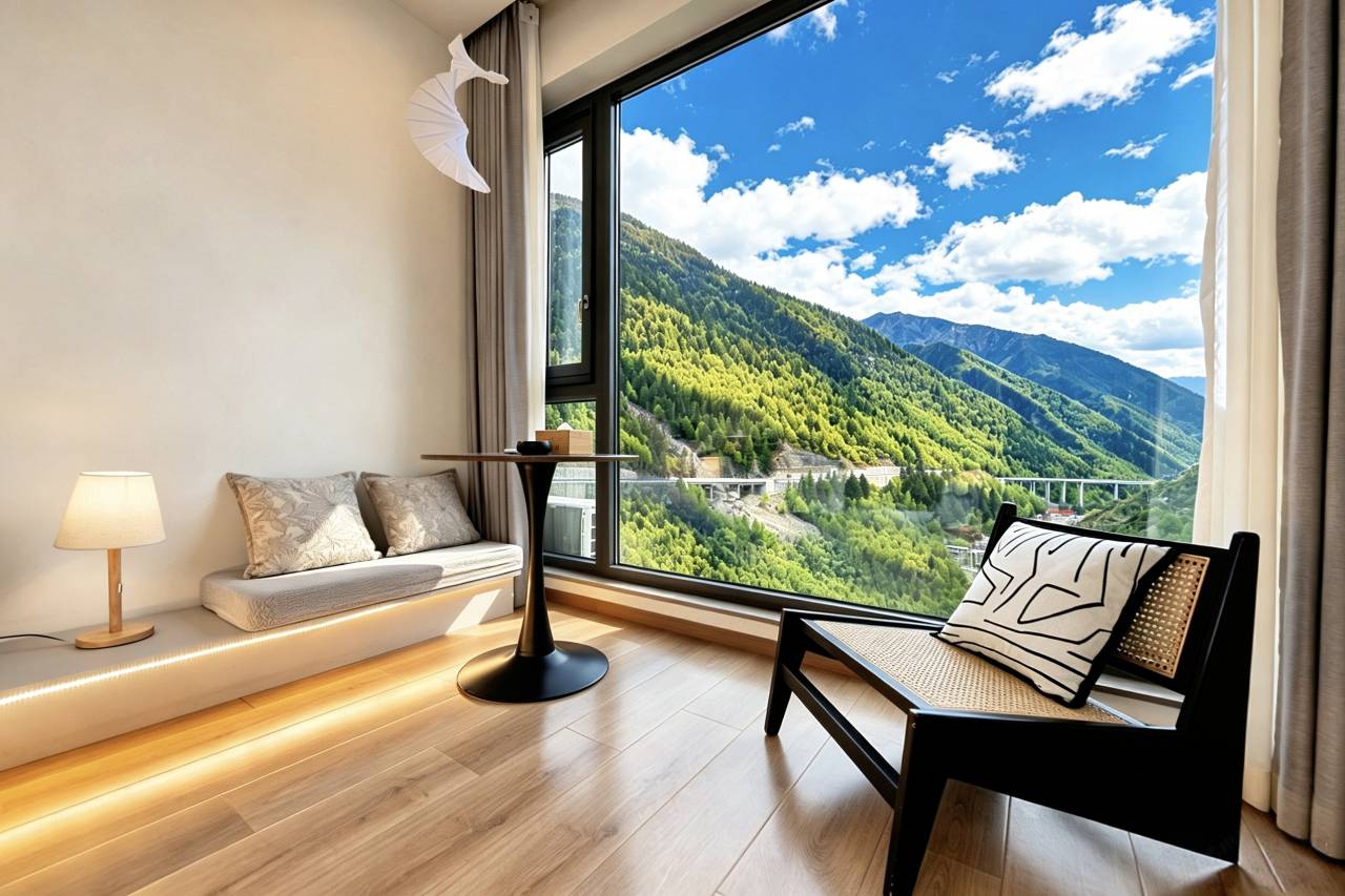 Muyun Valley — window lounge nook looking down the Changping valley, Siguniangshan Town