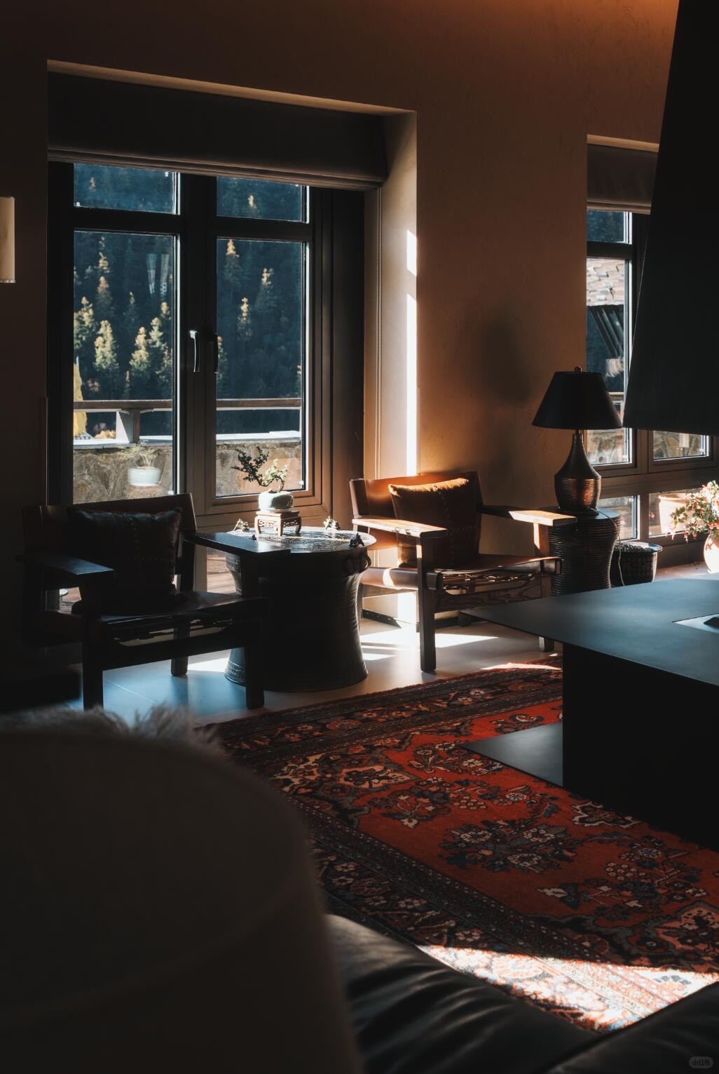 Dim sitting area with dark leather chairs, a drum table and red rug lit by low sun through forest-view windows.