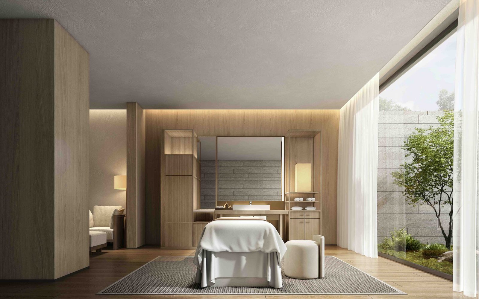 Spa treatment room in warm timber, a planted private courtyard behind floor-to-ceiling glass.