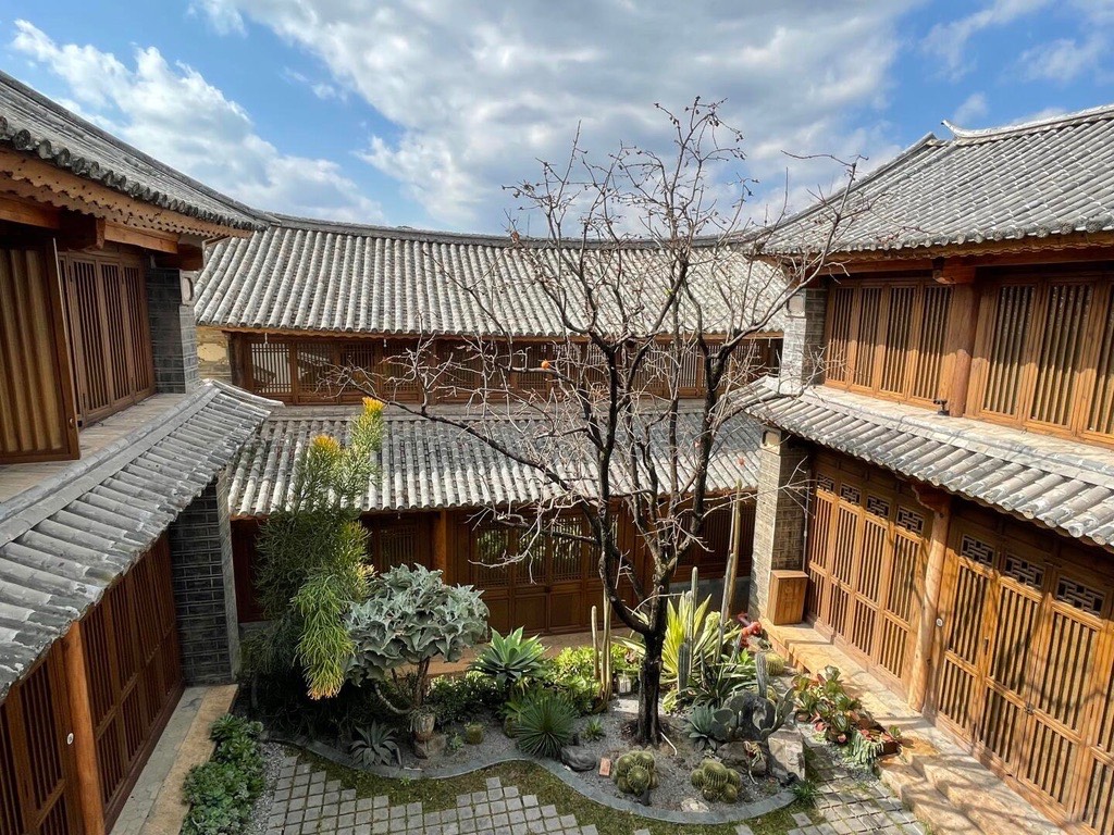 Traditional courtyard ringed by tiled-roof timber wings with a succulent and cactus garden below a bare tree.
