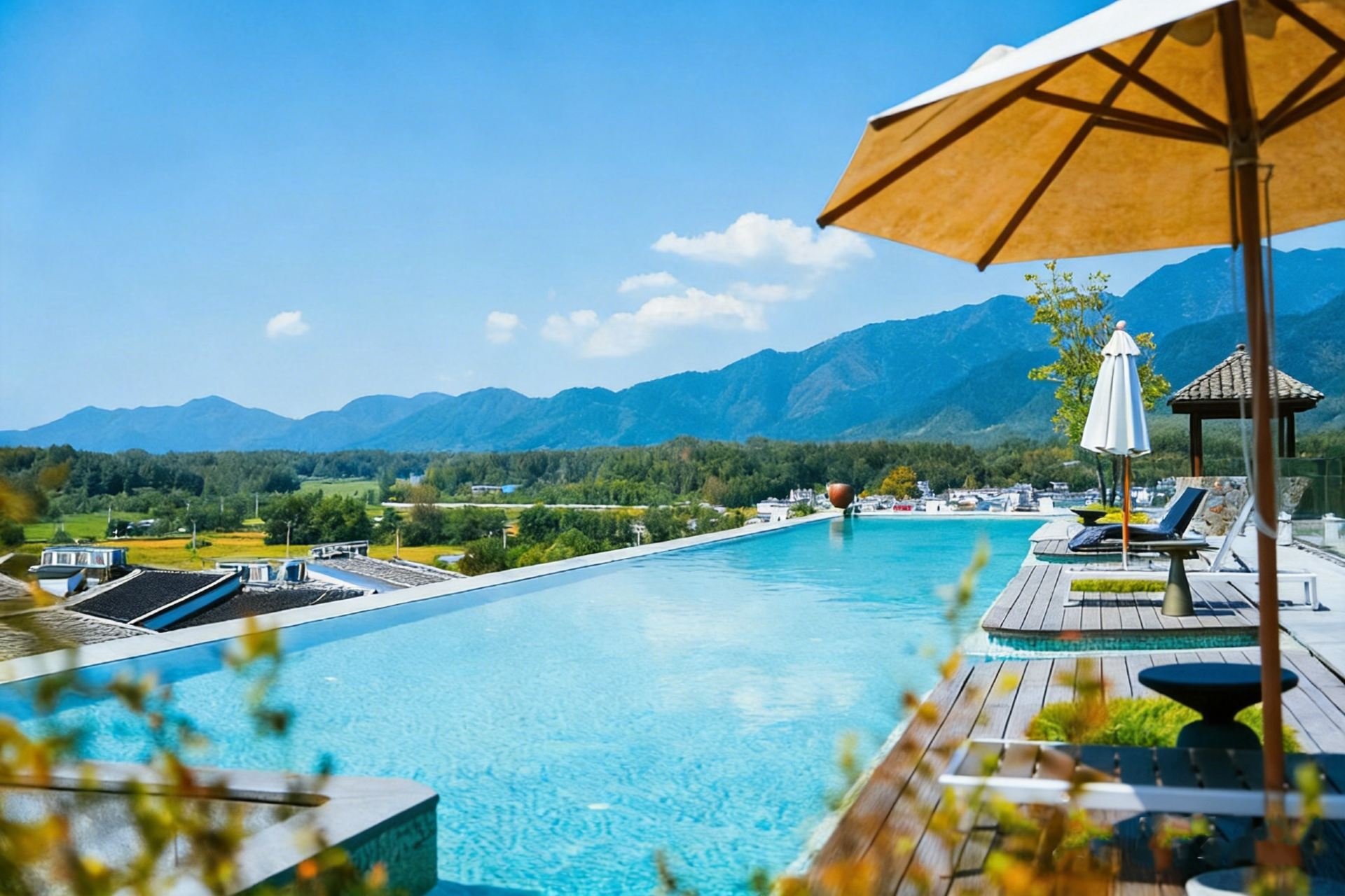 Tanhouse Hot Spring Resort — the pool looking out across the valley to the hills