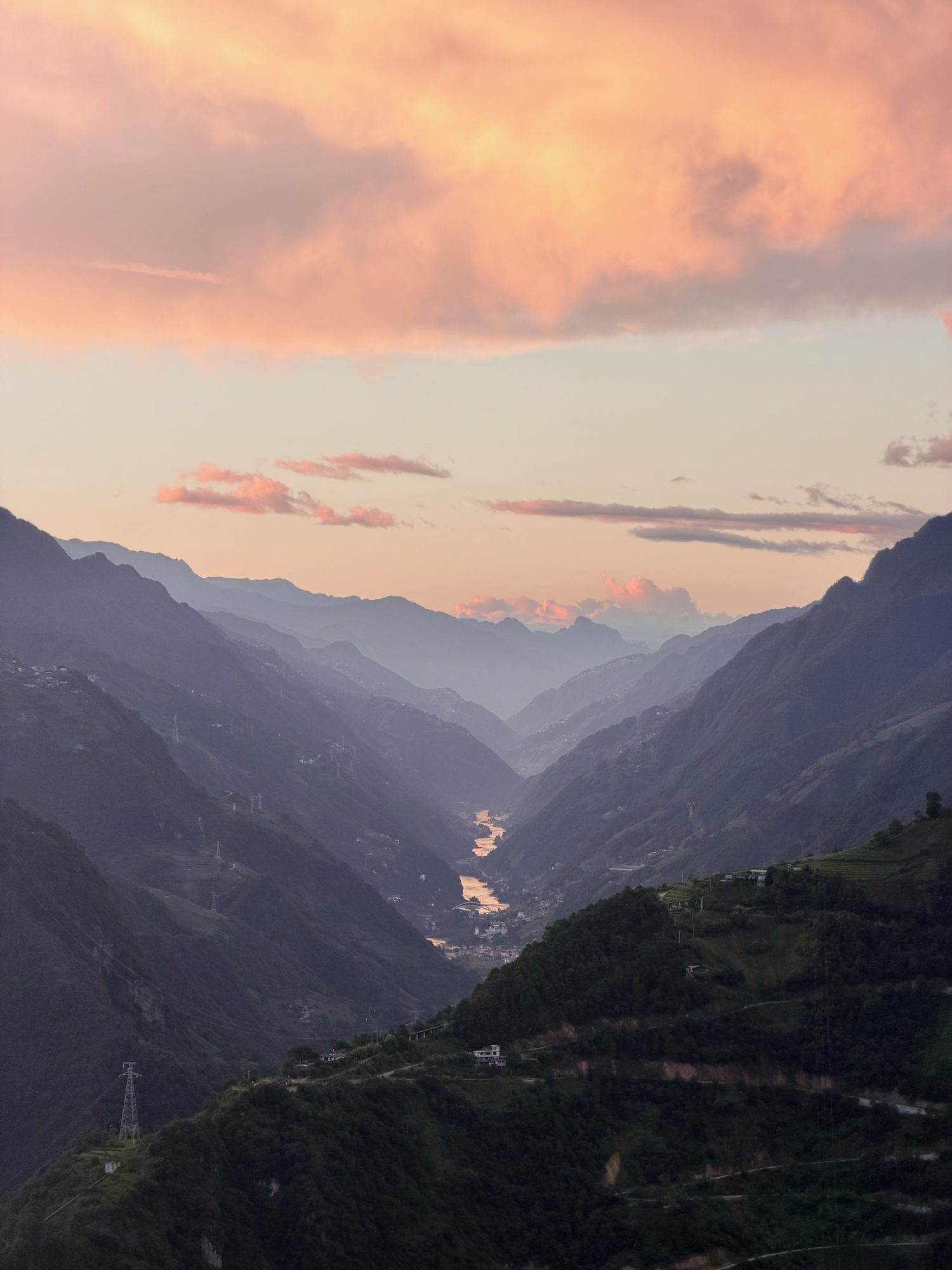 Shanjing Yungu — the Nujiang gorge at sunset from the terrace